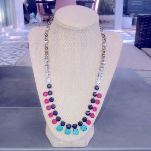 New J. Crew pink, purple, turquoise, rhinestone necklace on gold chain.